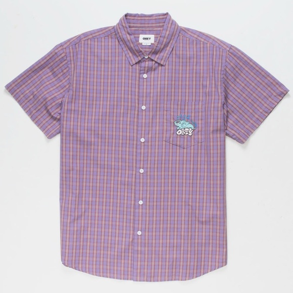OBEY Men LG Gavin Woven Lavender Multi 100% Organic Cotton Short Sleeve Elephant - Picture 1 of 13